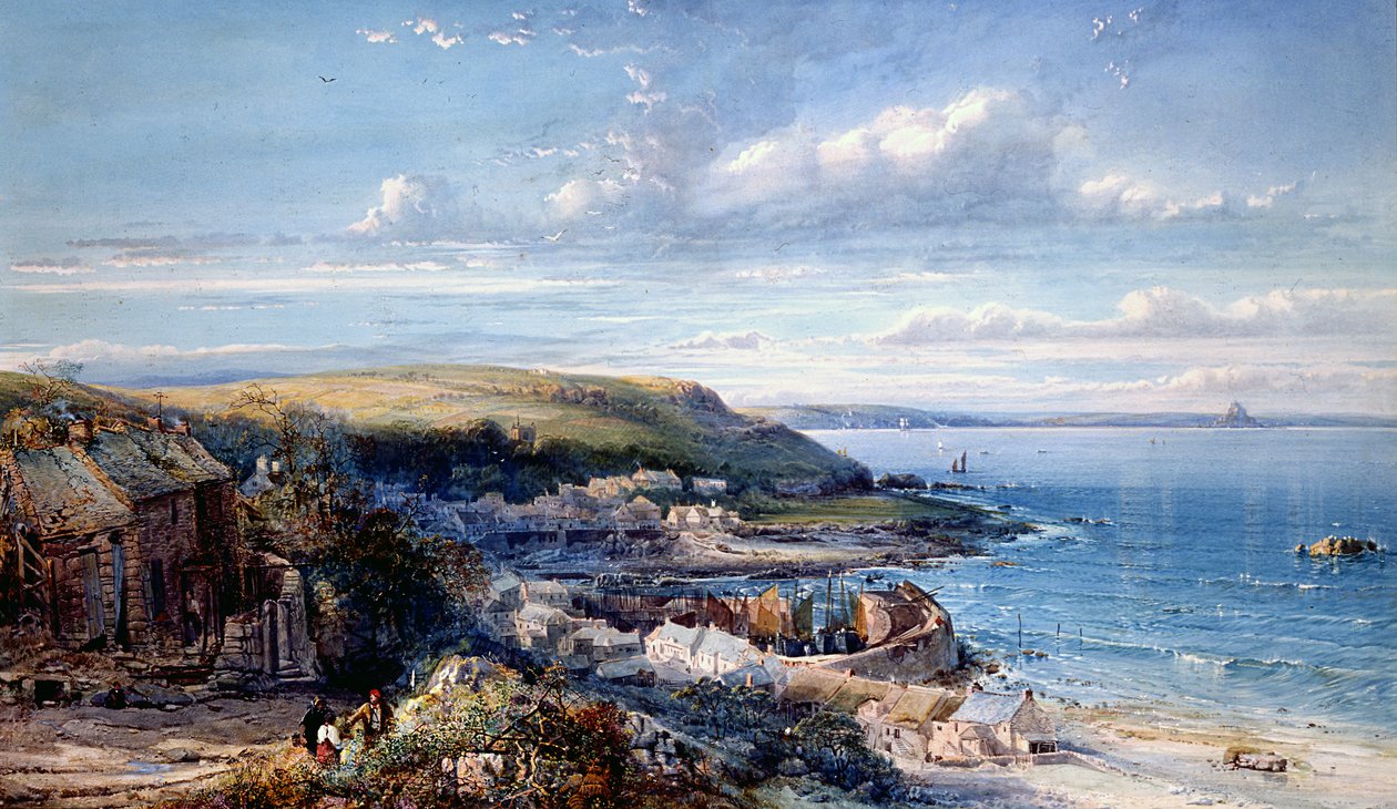 Uma Aldeia de Pesca da Baía de Montarias (Mousehole) 1860 (wc & bodycolour no papel) de George Wolfe