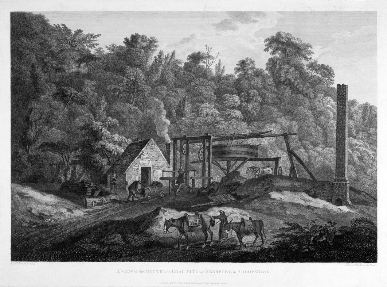 Uma vista da boca de um poço de carvão perto de Broseley em Shropshire, gravado por Francis Chesham (1749-1806) 1788 de George after Robertson