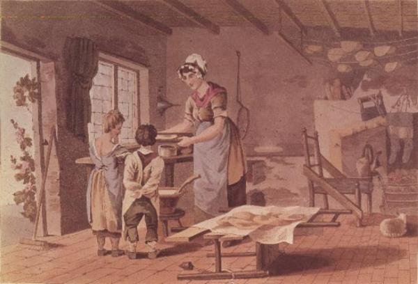 Fazendo bolos de aveia, gravados pelos irmãos Havell, pub. 1813 por Robinson and Son (veja também 56302) de George after Walker