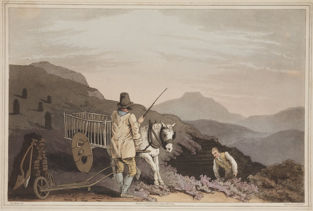 O carrinho de turfa, do traje de Yorkshire, gravado por Robert Havell, 1814 (aquatint colorido à mão) de George after Walker