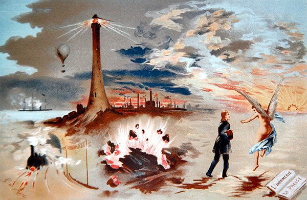 Progresso através de novas invenções ao longo da história (cor litho) de George de Mare