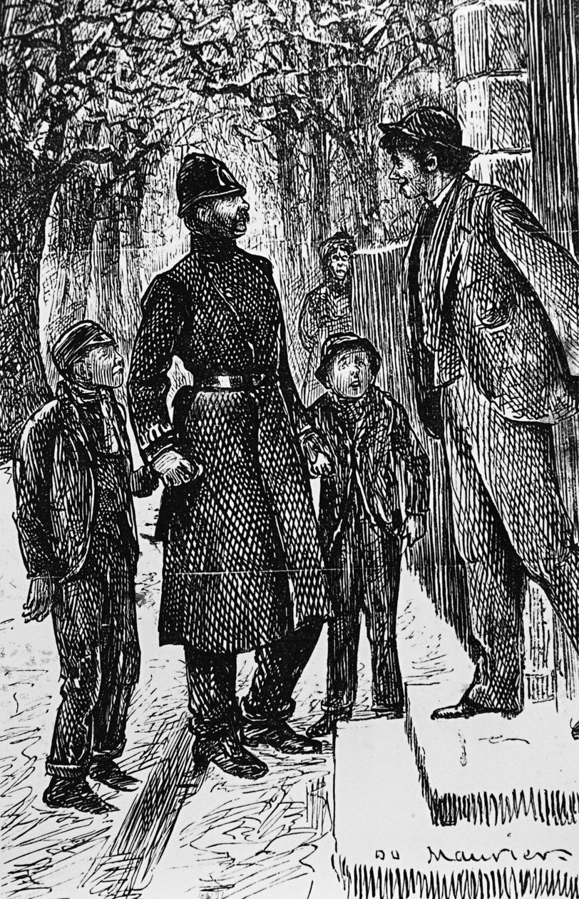 Um polícia londrino apresenta dois árabes de rua ao cavalheiro em frente de cuja porta eles têm feito um deslizamento no gelo. de George du Maurier