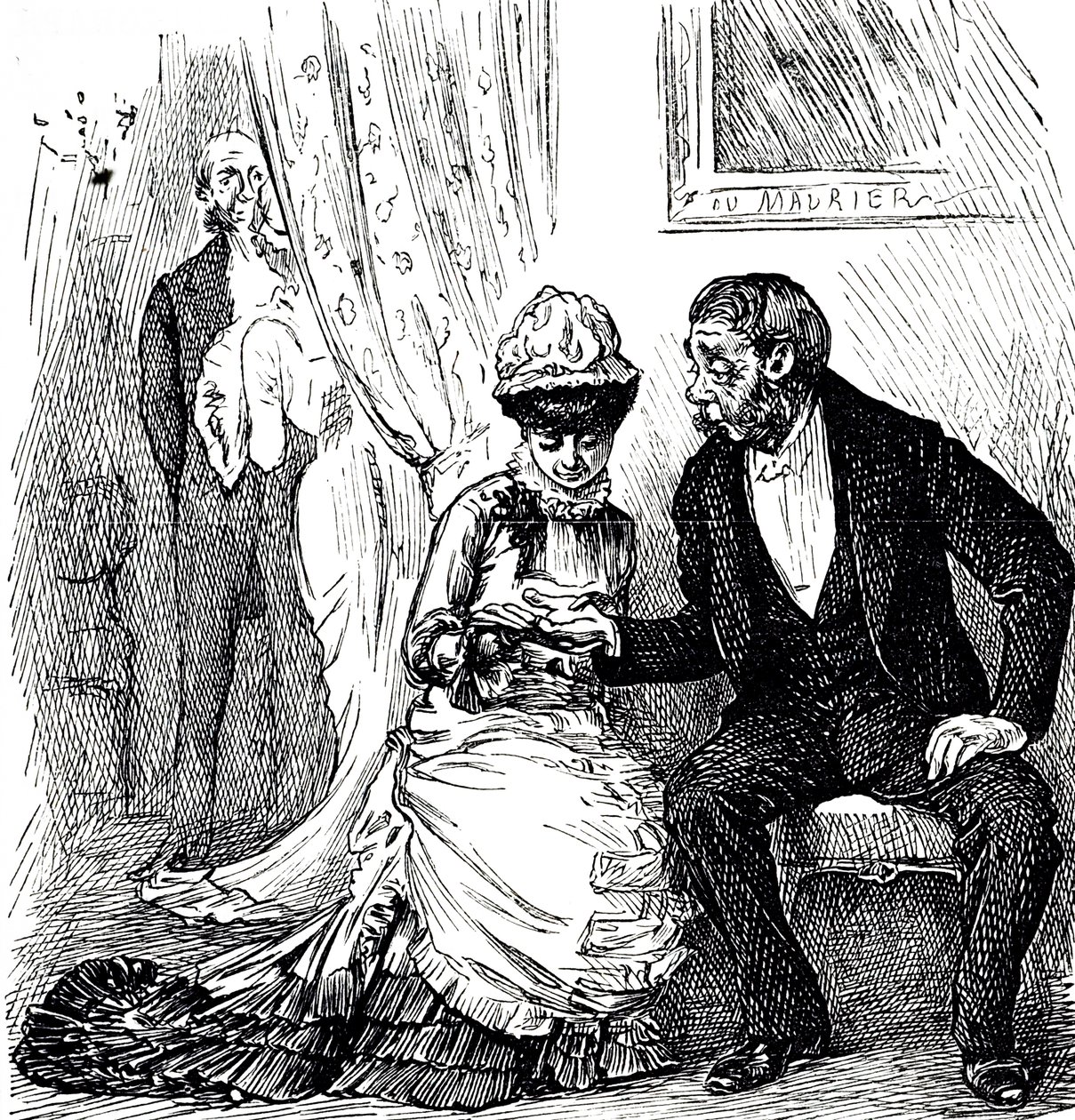 Um desenho animado comentando sobre a popularidade da quiromancia entre os ricos. Ilustrado George du Maurier (1834-1896), caricaturista e autor franco-britânico. de George du Maurier