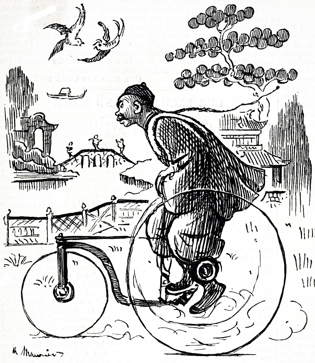 Um desenho animado representando um homem chinês andando de triciclo por um parque na China. Ilustrado George du Maurier (1834-1896), um cartoonista franco-britânico e autor de George du Maurier