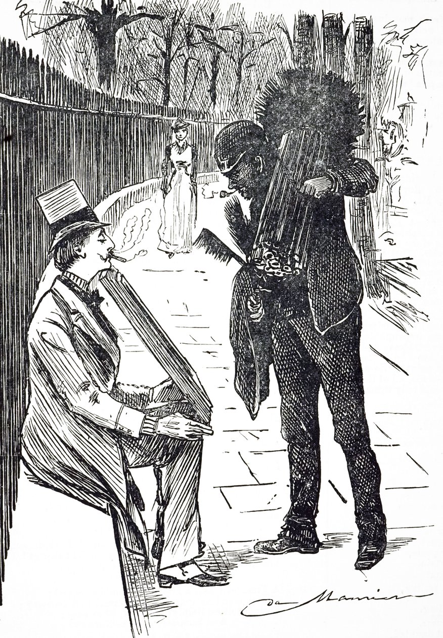 Um desenho animado representando um limpa-chaminés carregando os seus pincéis pelas ruas de Londres. Ilustrado por George du Maurier (1834-1896), cartoonista e autor franco-britânico de George du Maurier