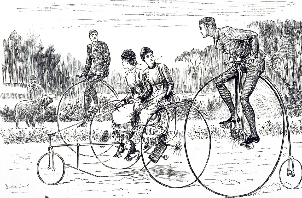 Um desenho animado retratando um grupo de jovens andando de triciclo. Ilustrado George du Maurier (1834-1896), caricaturista e autor franco-britânico. de George du Maurier
