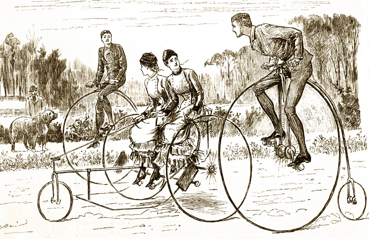 Um desenho animado retratando um grupo de jovens andando de triciclo. Ilustrado George du Maurier (1834-1896), caricaturista e autor franco-britânico. de George du Maurier
