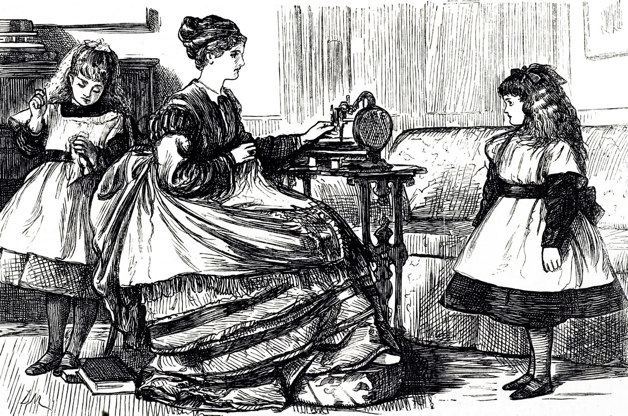 Um desenho animado retratando uma jovem mãe usando uma máquina de costura. Ilustrado por George du Maurier (1834-1896), cartoonista e autor franco-britânico de George du Maurier