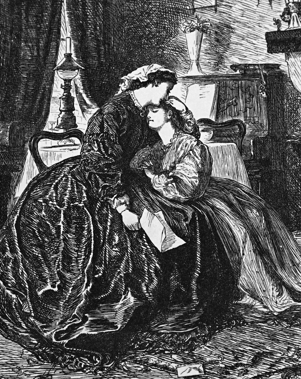 Uma mãe e filha recebendo notícias da grave doença do marido/pai de George du Maurier