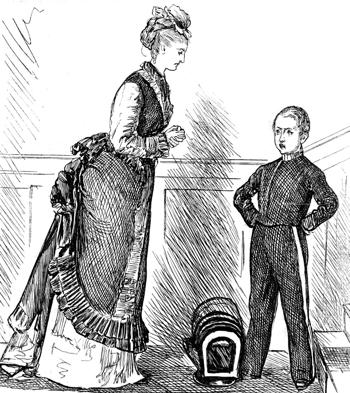 Uma mãe disciplina o seu filho malcriado de George du Maurier