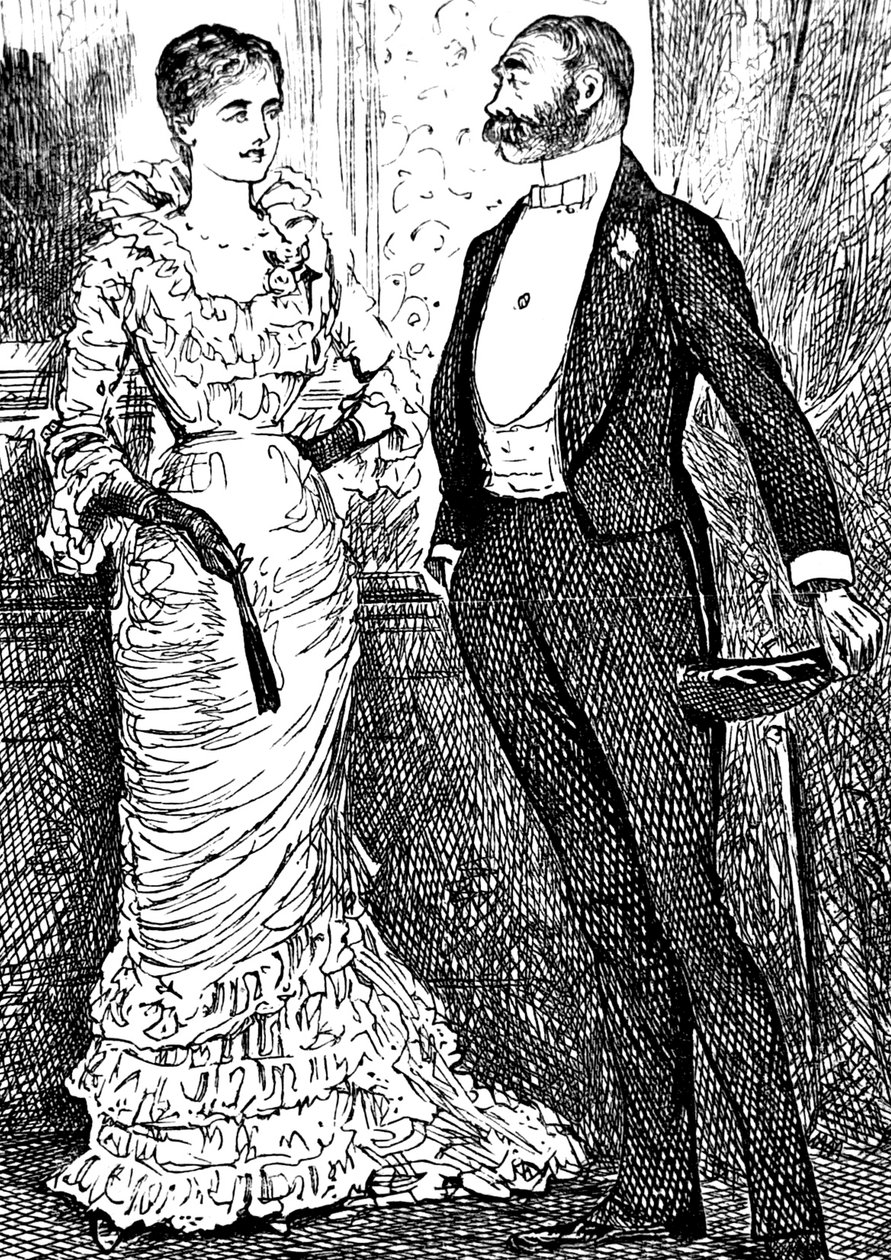 Uma mulher e um cavalheiro com roupa formal de George du Maurier