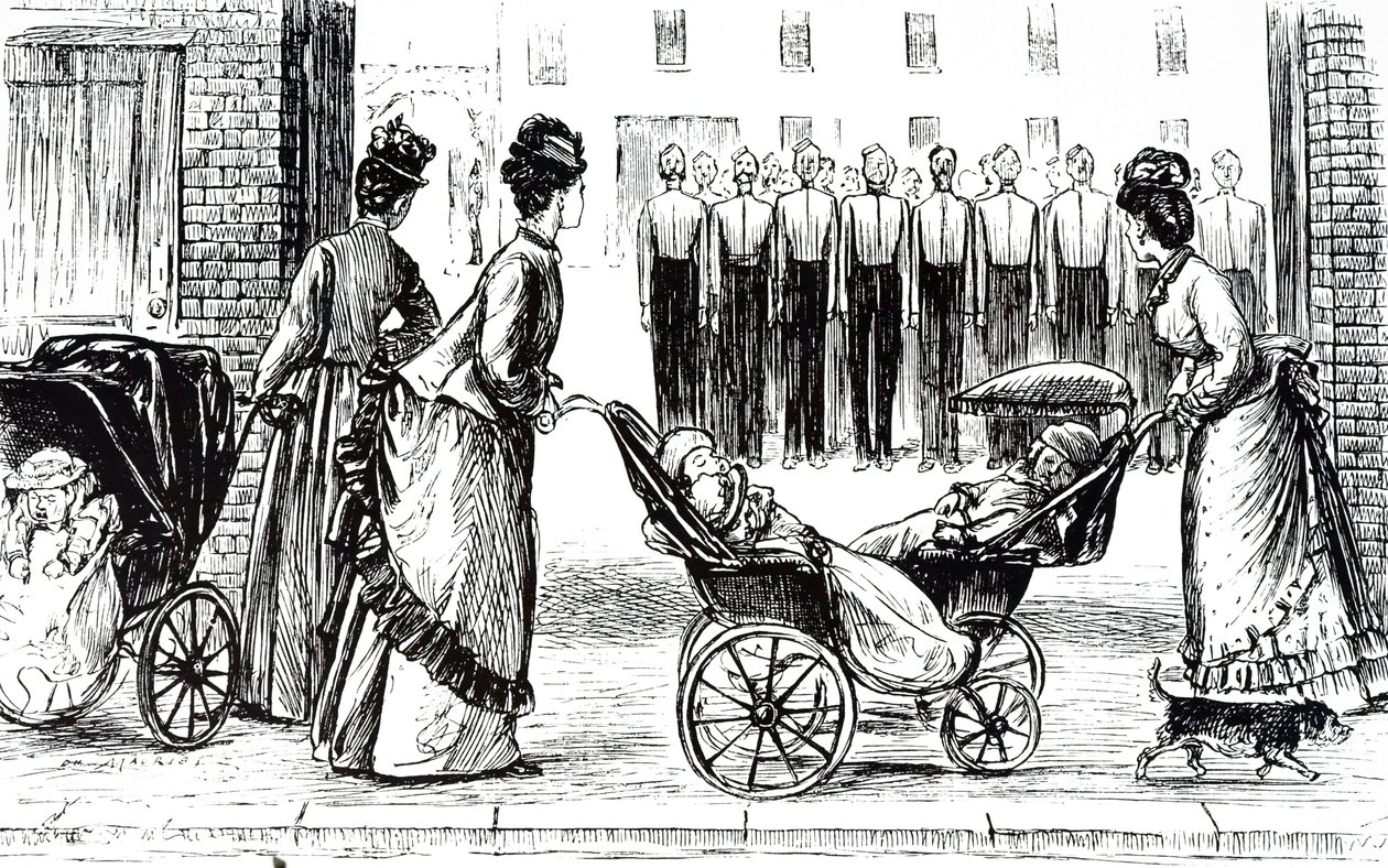 Uma gravura que retrata as criadas de berçário rodando as crianças em perambulações. Ilustrado por George du Maurier (1834-1896), caricaturista e autor franco-britânico. de George du Maurier