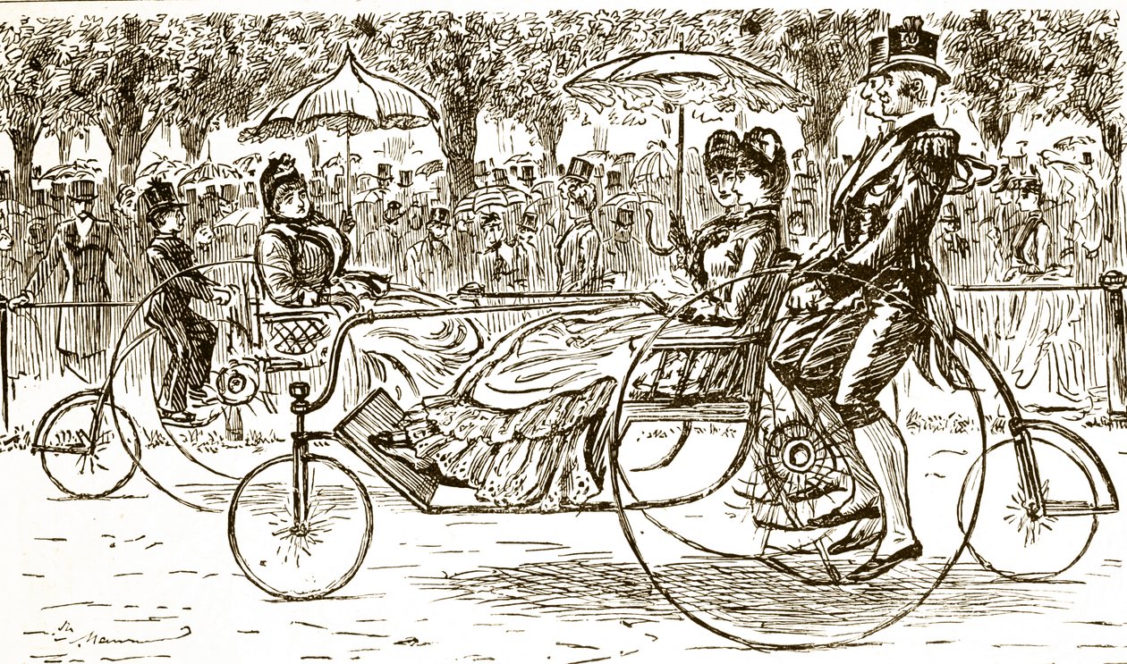 Uma gravura que retrata os passageiros que andam em carruagens de bicicleta. Ilustrado por George du Maurier (1834-1896), cartoonista e autor franco-britânico de George du Maurier
