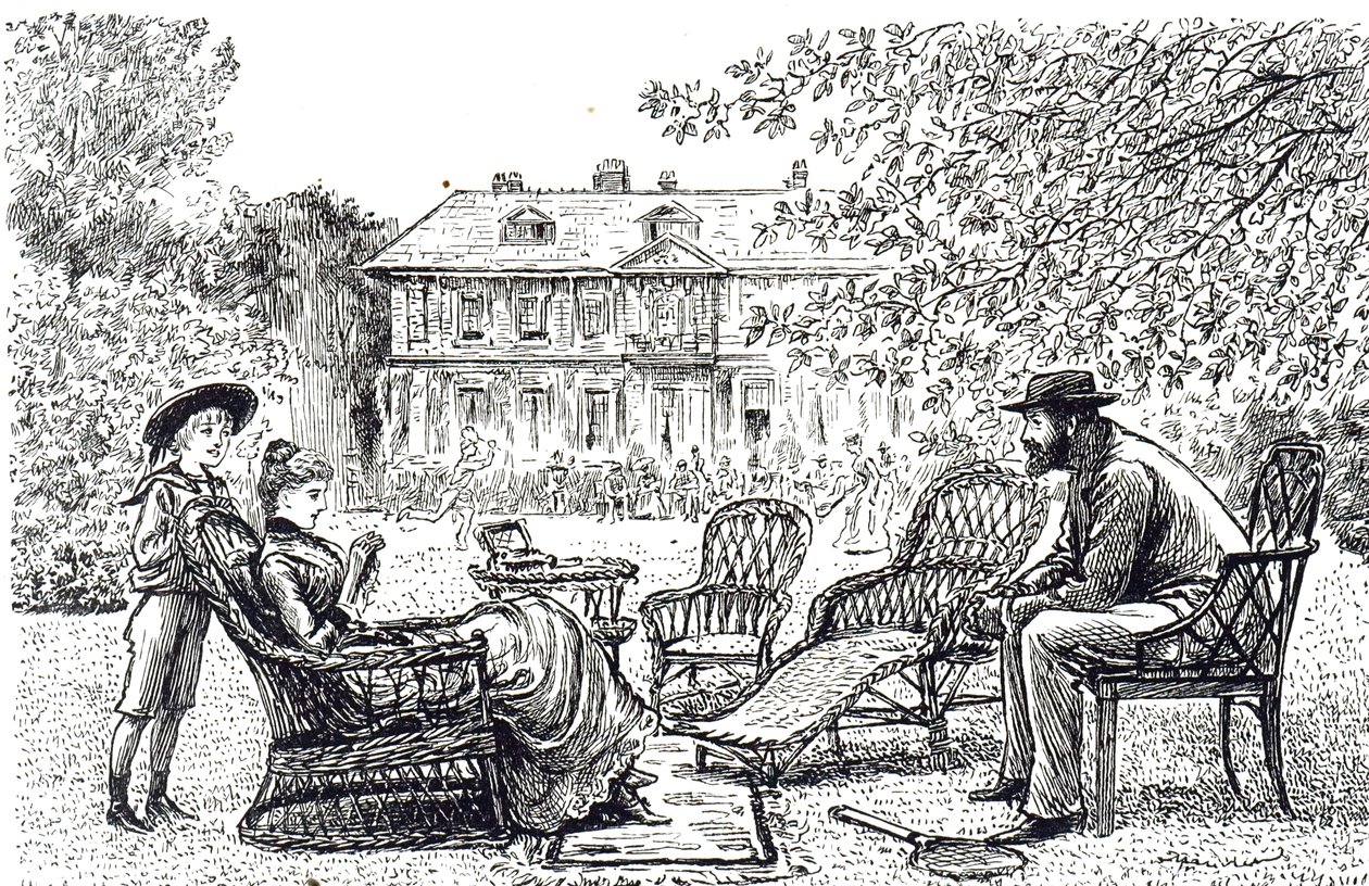 Uma gravura representando móveis típicos de trabalho em vime. Ilustrado por George du Maurier (1834-1896), cartoonista e autor franco-britânico de George du Maurier