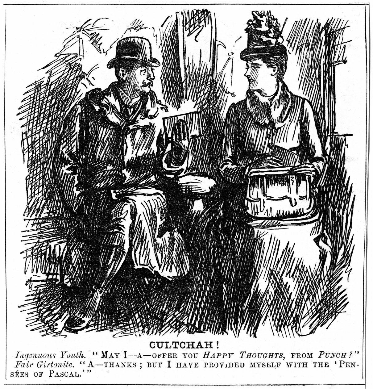 Benefícios da educação universitária para as mulheres. Desenho animado de George du Maurier de Punch London 8 de Dezembro de 1887. Jovem em vagão ferroviário oferece ao graduado de Girton, Cambridge, alguma leitura leve para a viagem. Ela declinou graciosa de George du Maurier