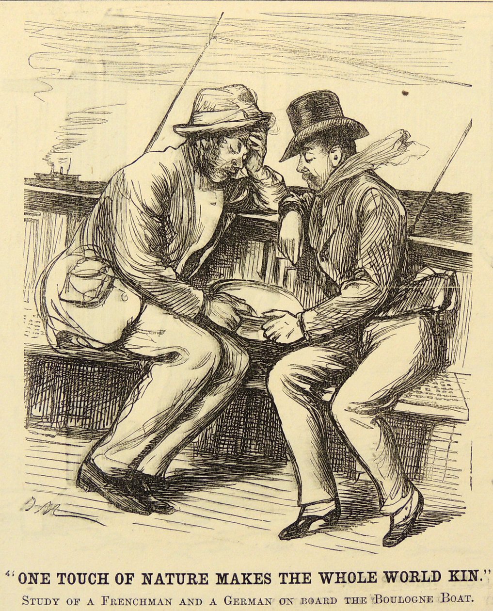 Passageiros de barco que sofrem de enjoos marítimos. Desenho animado de George du Maurier de "Punch", Londres de George du Maurier