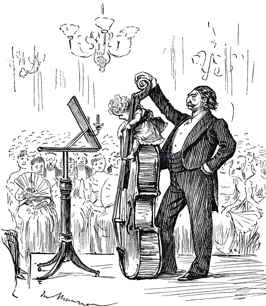 Comentário cartoon sobre prodigios musicais que pareciam estar cada vez mais jovens de George du Maurier
