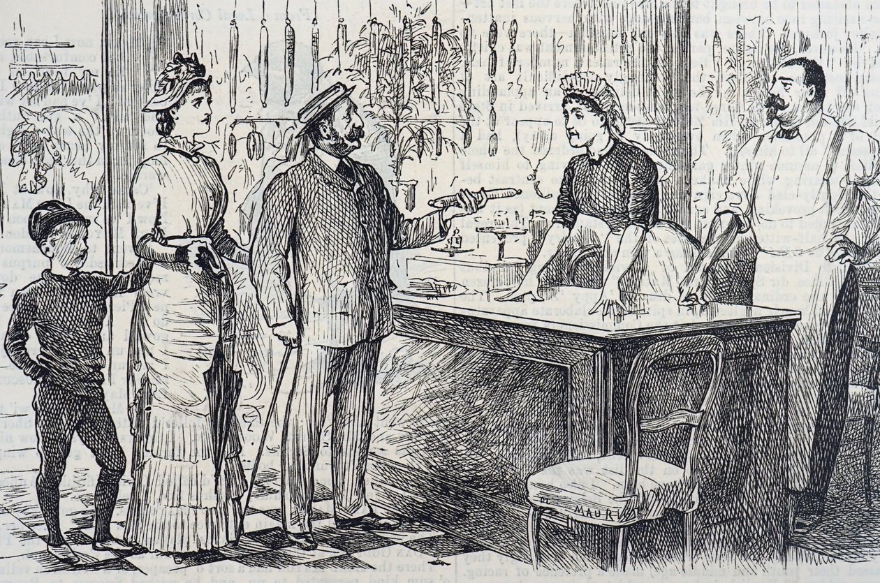Comentário de banda desenhada sobre a compreensão instável do sistema métrico por parte do inglês médio de George du Maurier