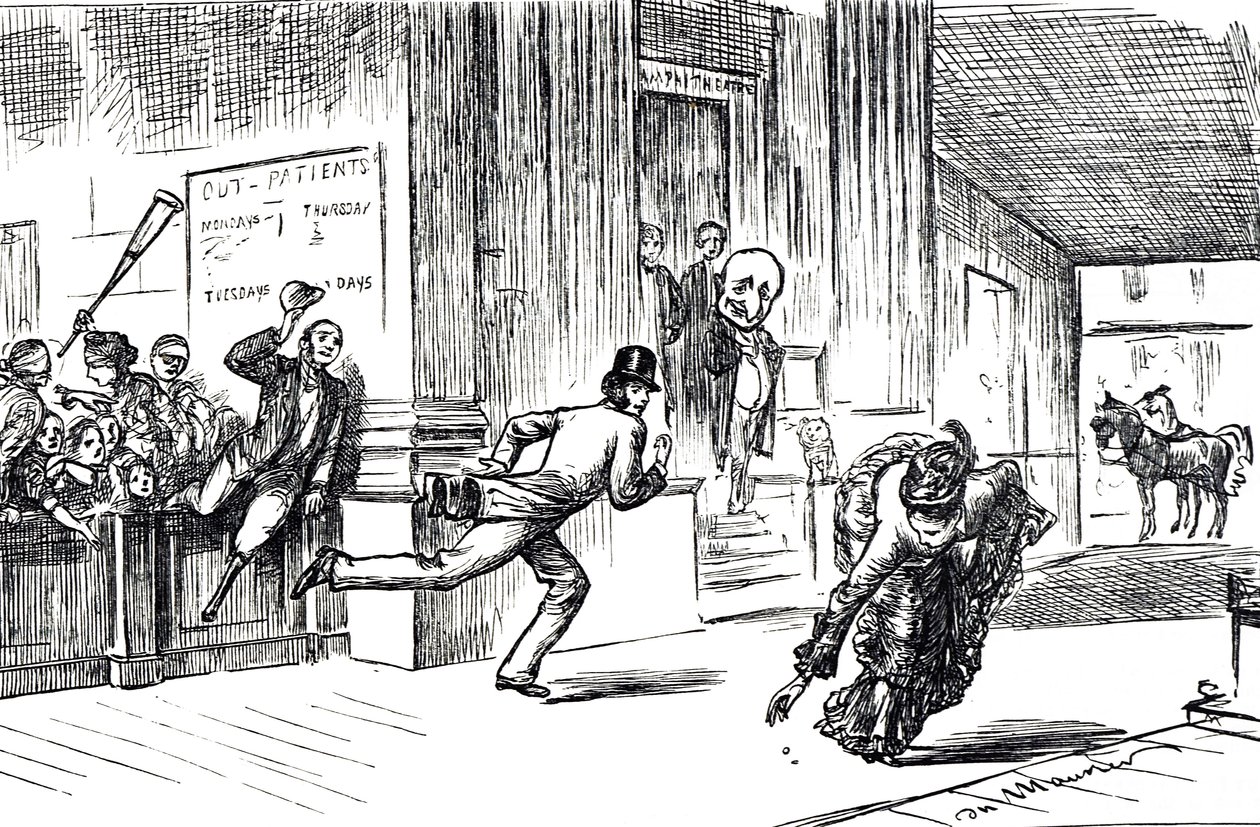 Desenho animado representando o Dr. Meilanion Jones, encontrando-se ultrapassado na corrida por pacientes pela bela doutora Atlanta Robinson de George du Maurier