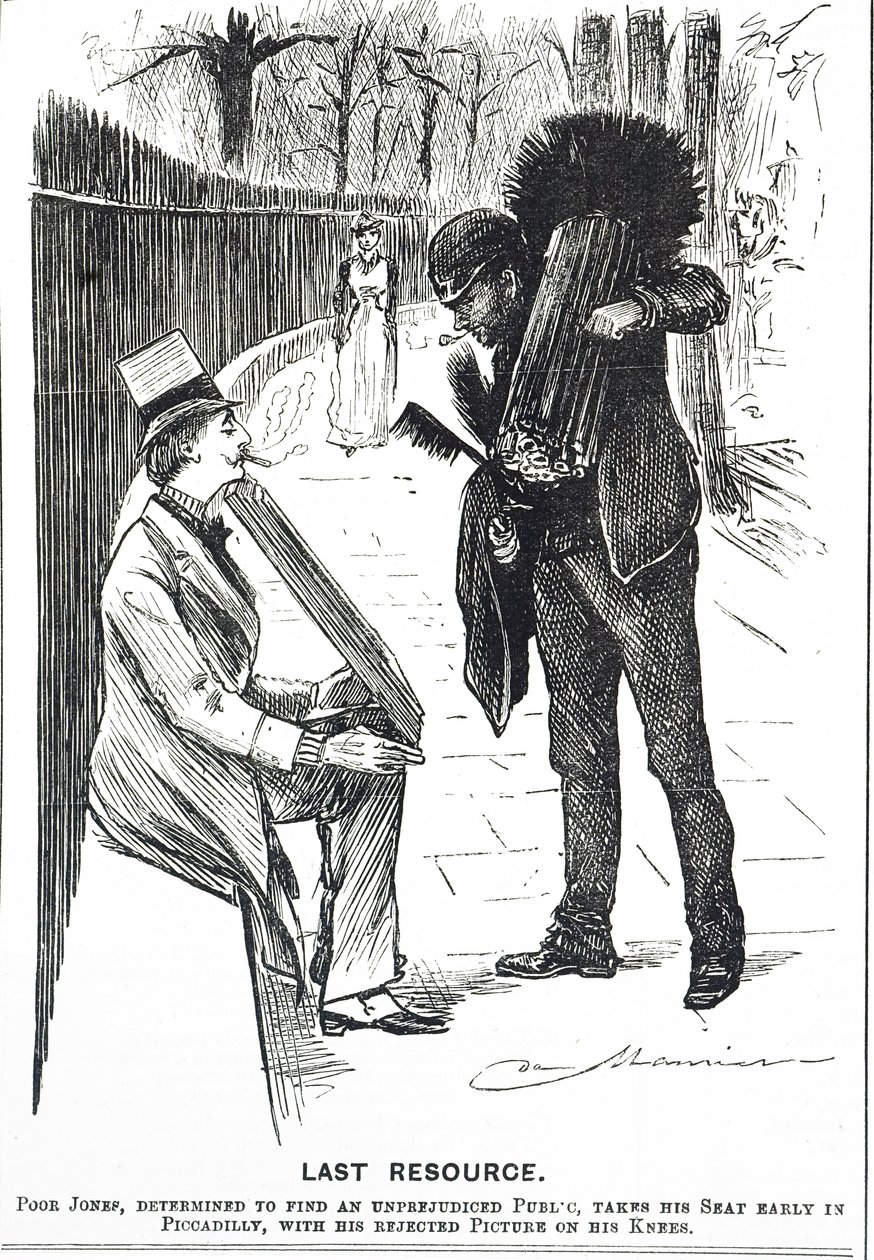 Desenho animado representando um limpa-chaminés e as suas escovas de George du Maurier