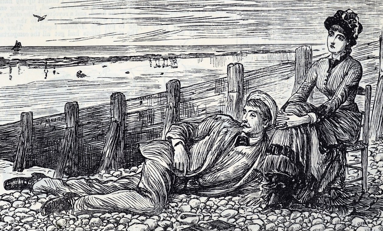 Desenho animado retratando um casal em lua-de-mel em uma praia de calhau de George du Maurier
