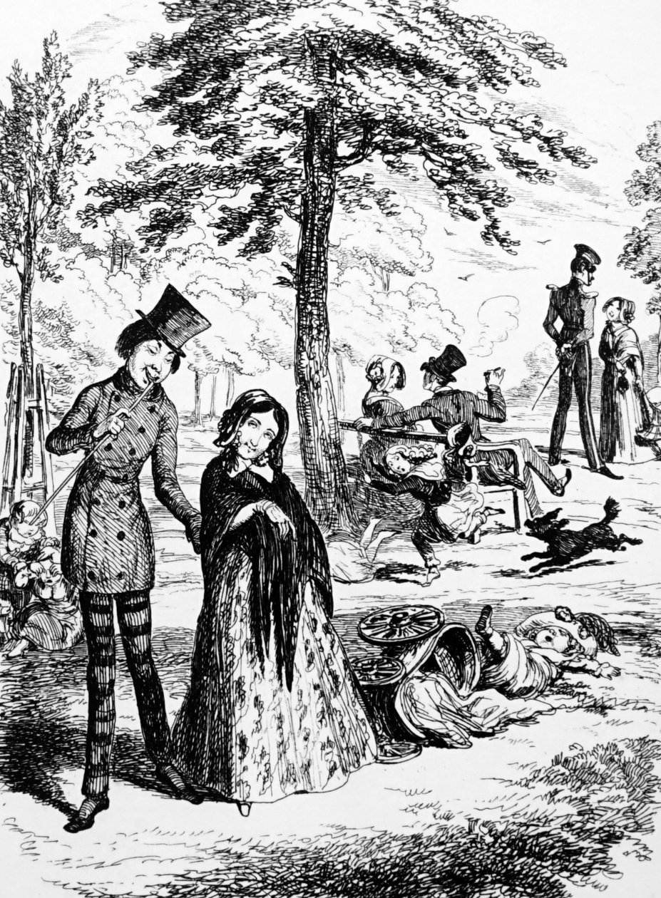Desenho animado representando uma empregada doméstica caminhando com seu amante por George du Maurier (1834-1896) um cartoonista franco-britânico e autor de George du Maurier