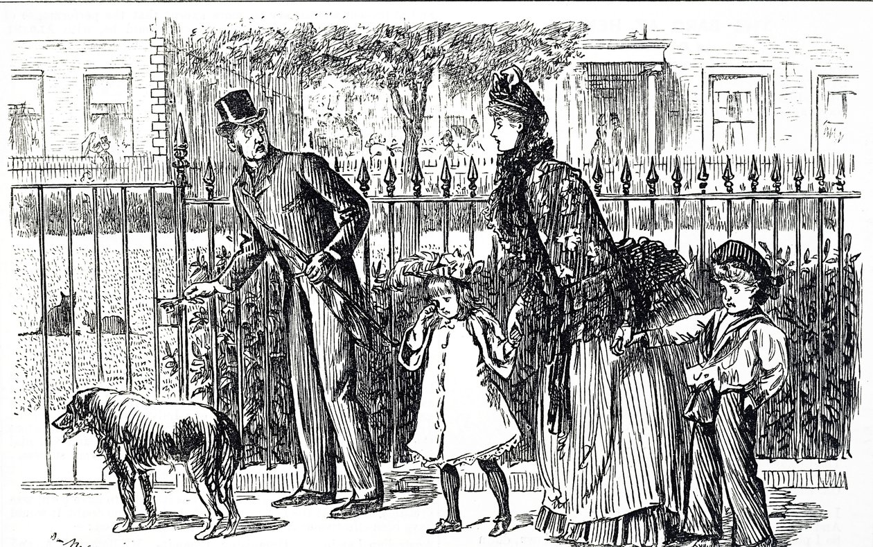 Desenho animado retratando uma família andando pelas ruas de Londres vitoriana de George du Maurier