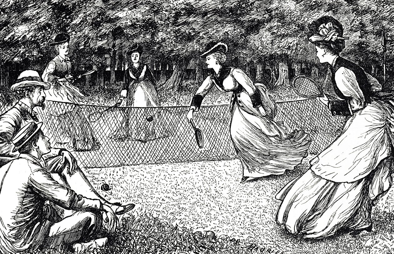 Desenho animado representando uma partida de tênis de gramado de George du Maurier