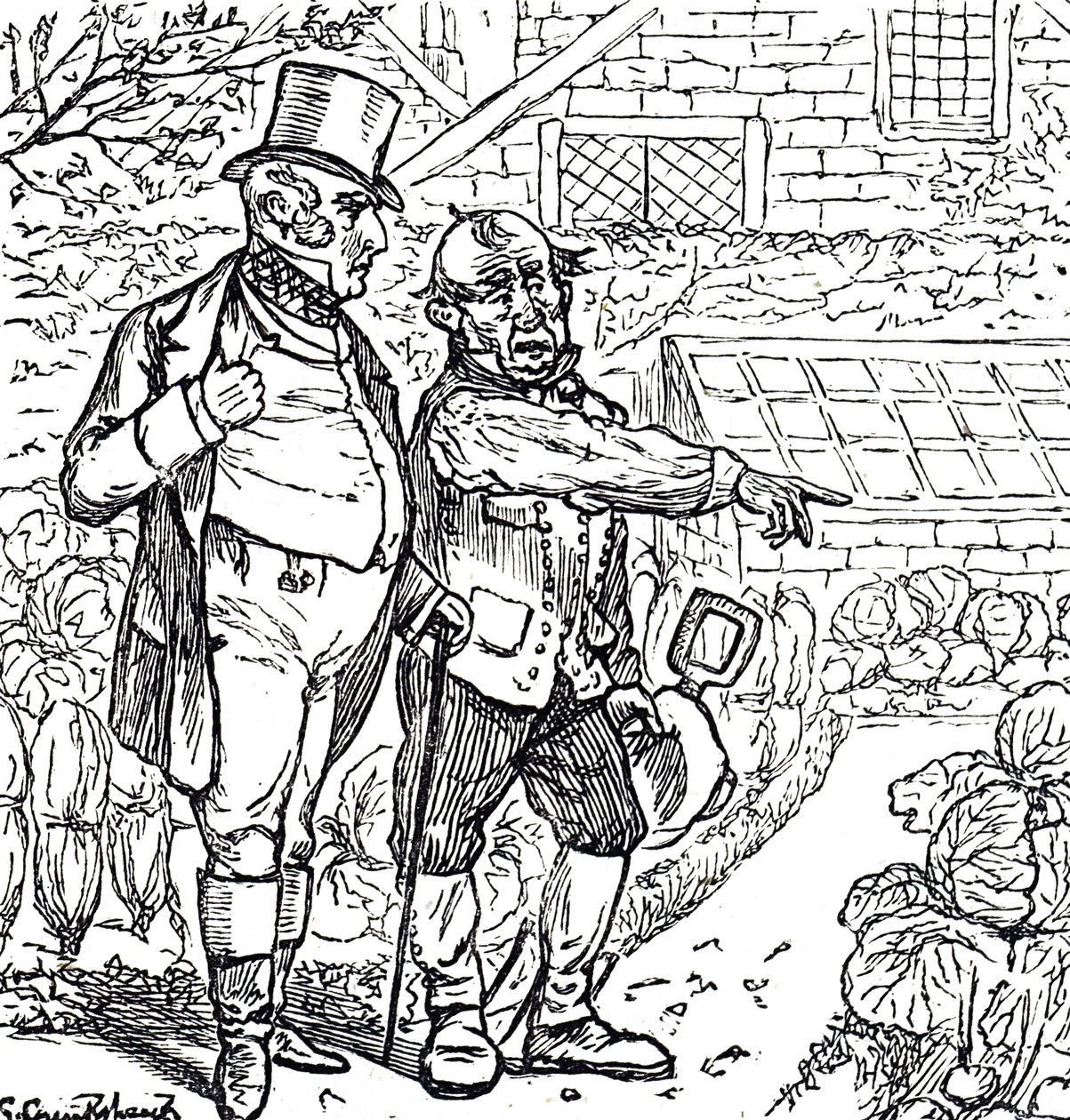 Desenho animado retratando um cavalheiro com o jardineiro na horta de George du Maurier