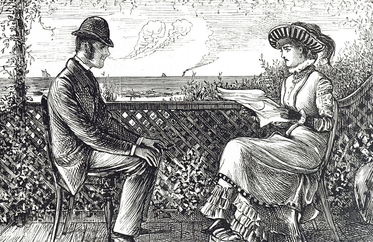 Desenho animado representando um marido e uma esposa - o marido é responsável pelas dívidas da esposa, a menos que ele publique uma revogação de suas responsabilidades de George du Maurier