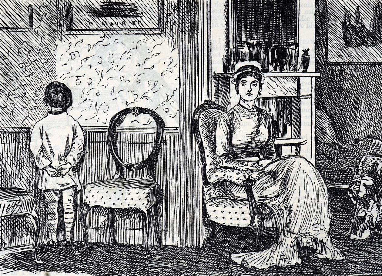 Desenho animado representando uma mãe a castigar o filho fazendo-o ficar de frente para a parede. de George du Maurier
