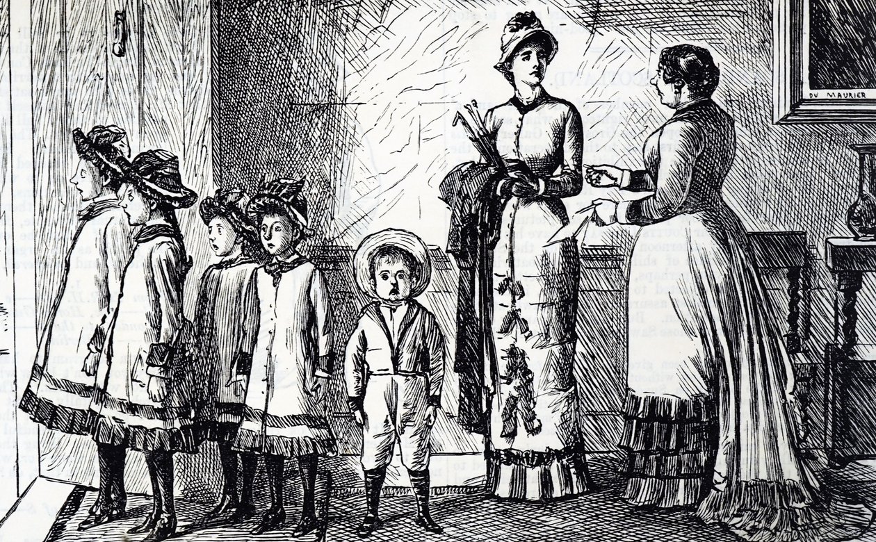 Desenho animado retratando uma mãe com a sua ninhada de George du Maurier