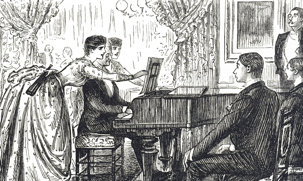 Desenho animado que retrata uma noite musical em casa de George du Maurier