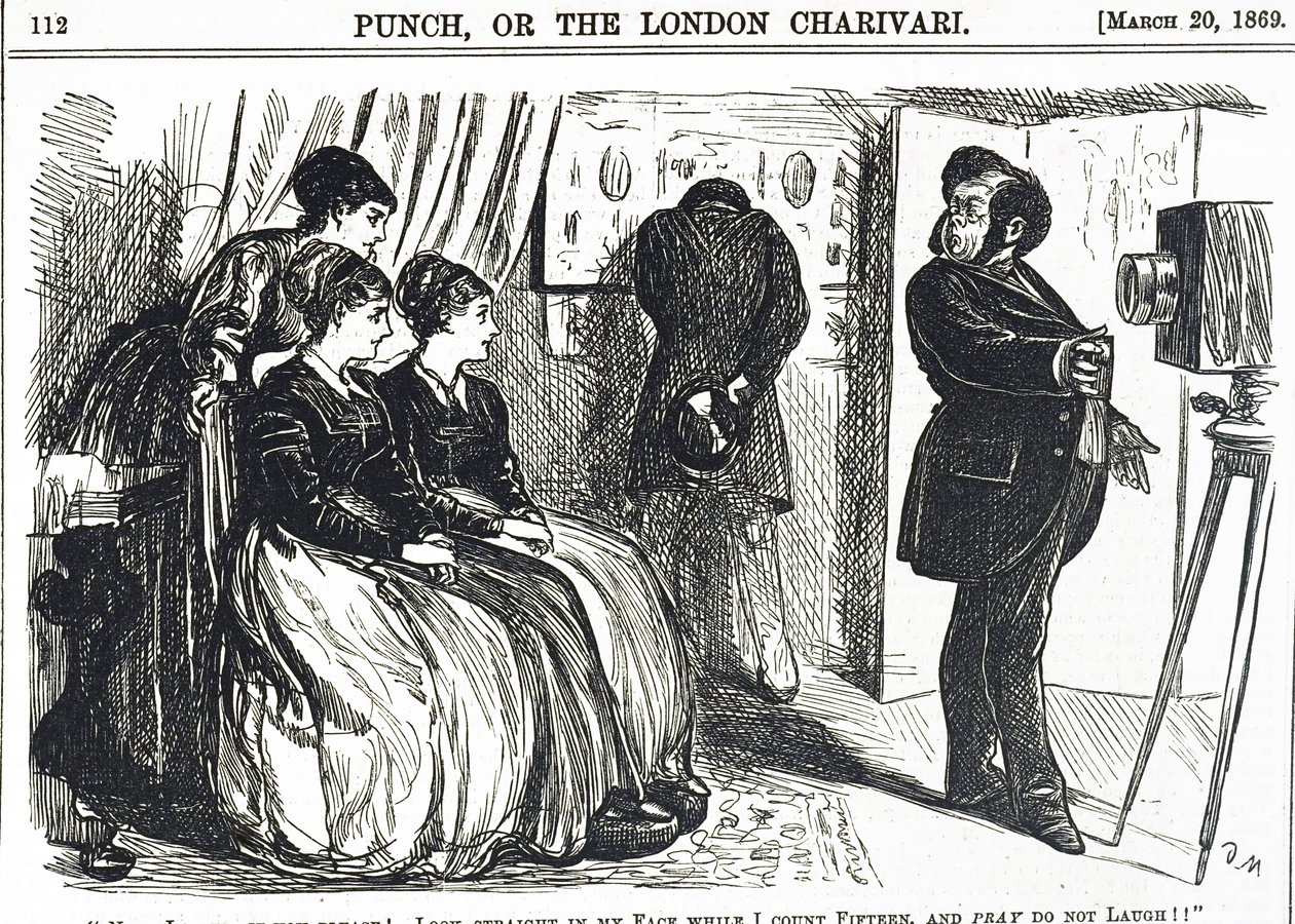 Desenho animado retratando um fotógrafo pomposo perguntando o impossível do assunto de George du Maurier