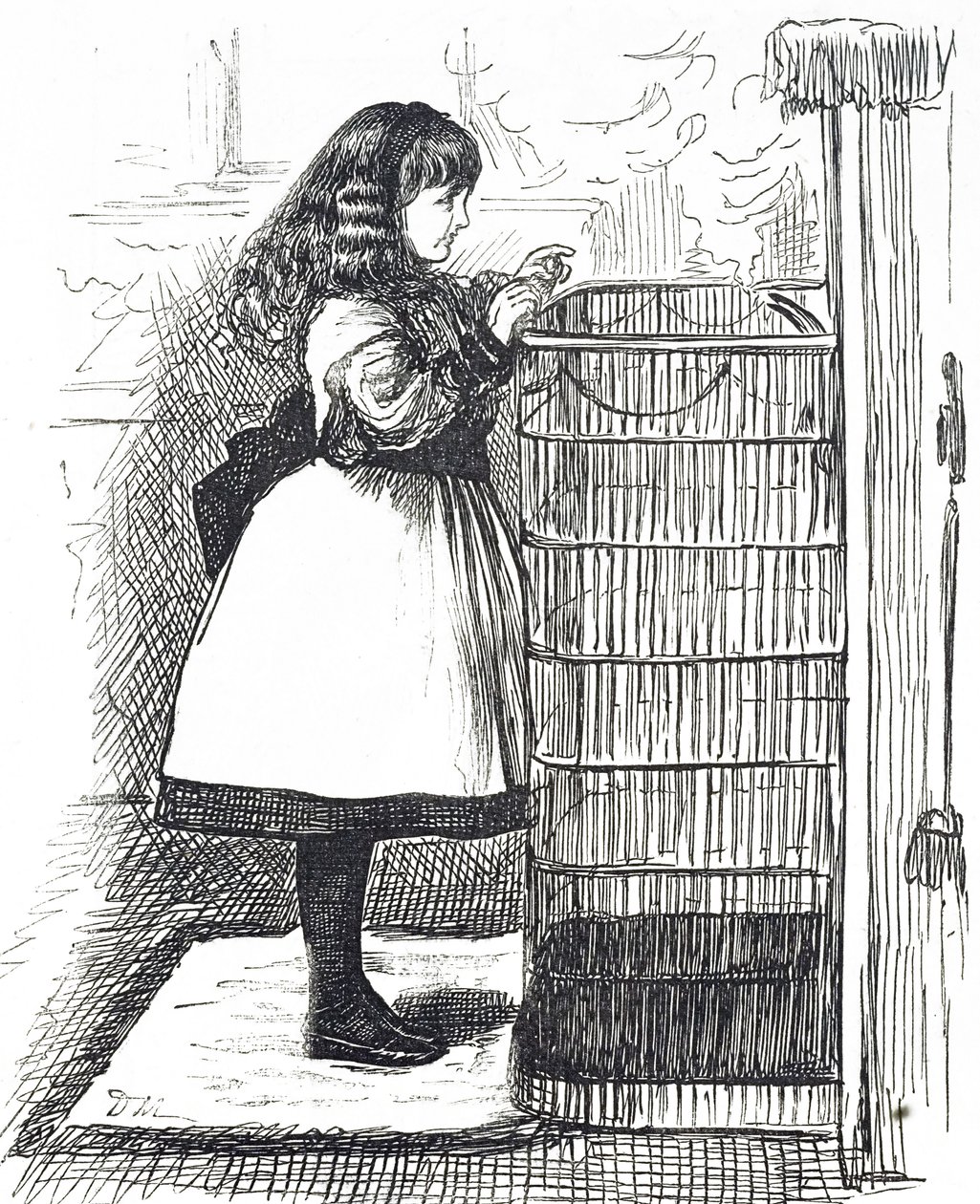Desenho animado retratando uma jovem em pé diante de um grande guarda-fogo de George du Maurier