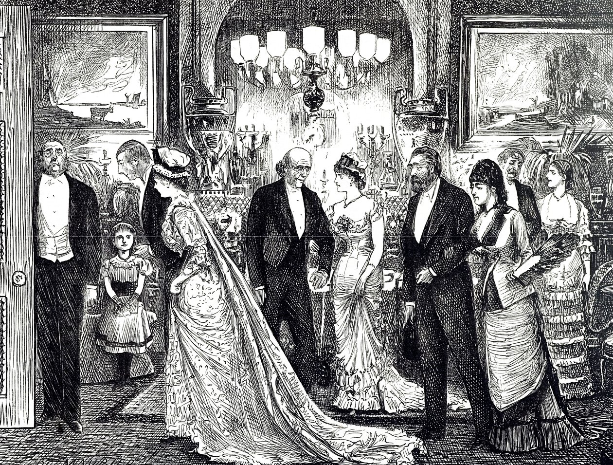Desenho animado retratando uma soirée elegante em uma casa vitoriana de George du Maurier