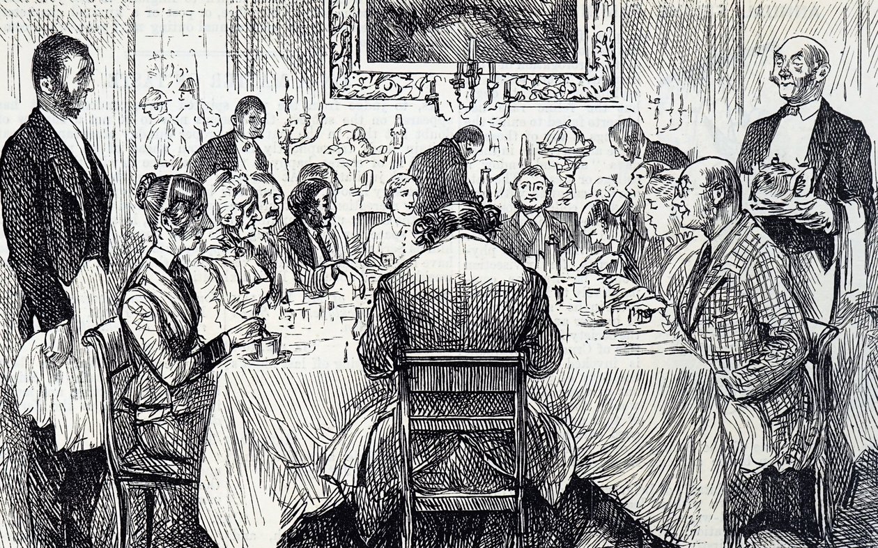 Desenho animado retratando uma soirée elegante em uma casa vitoriana de George du Maurier