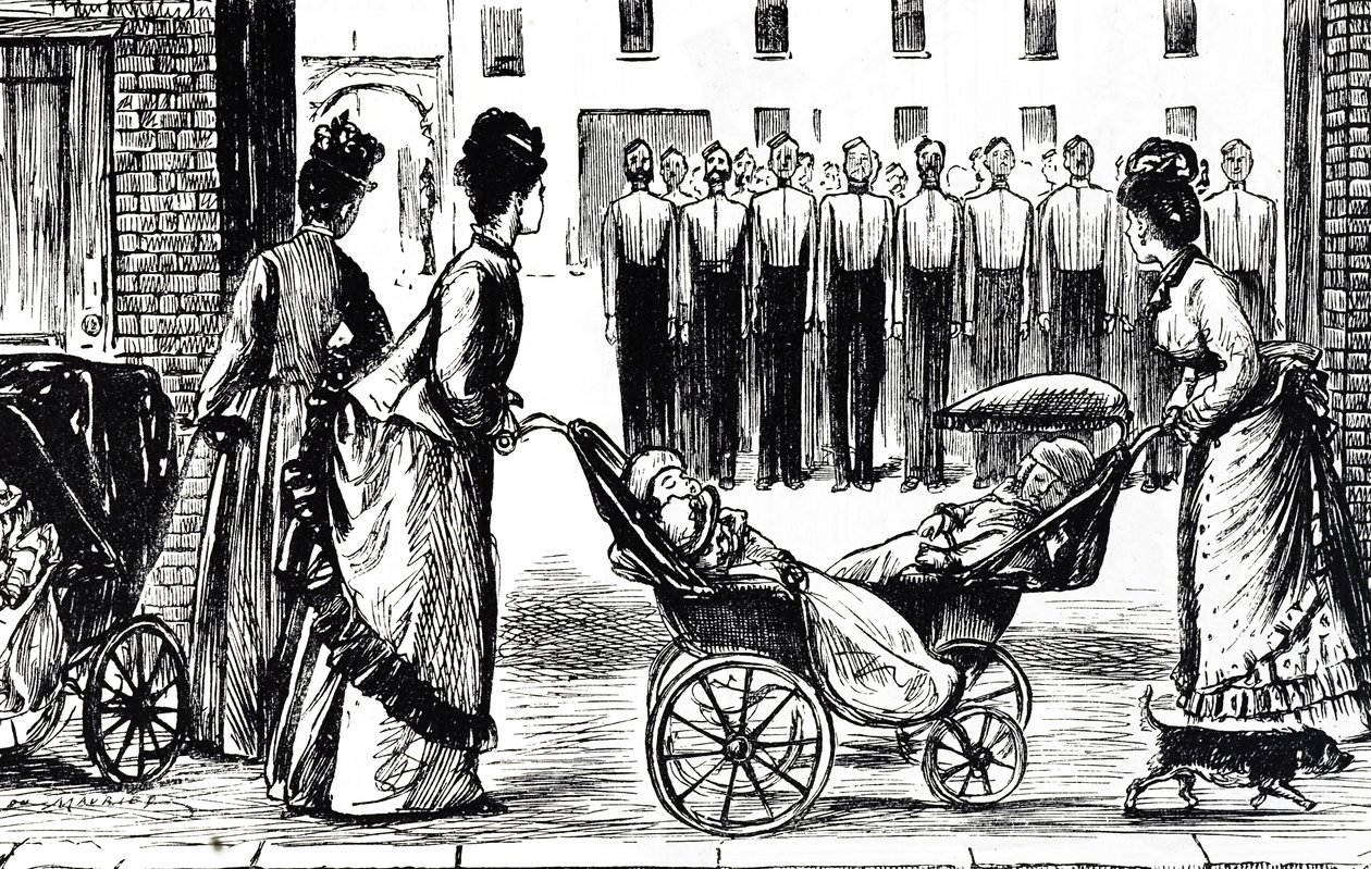 Desenhos animados com as empregadas a passar pelo quartel de George du Maurier