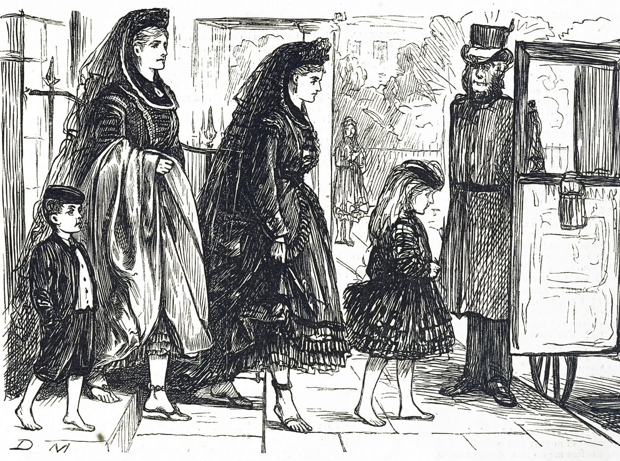 Desenho animado representando pessoas usando calçados naturais para evitar pés deformados de George du Maurier
