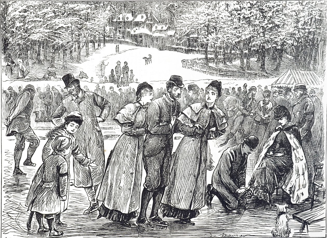 Desenho animado com patinadores a patinar num lago congelado de George du Maurier