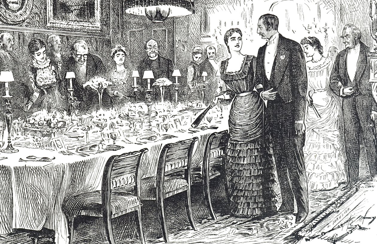 Desenho animado intitulado "Indo para o jantar" retratando um jovem casal que entra numa sala de jantar de George du Maurier