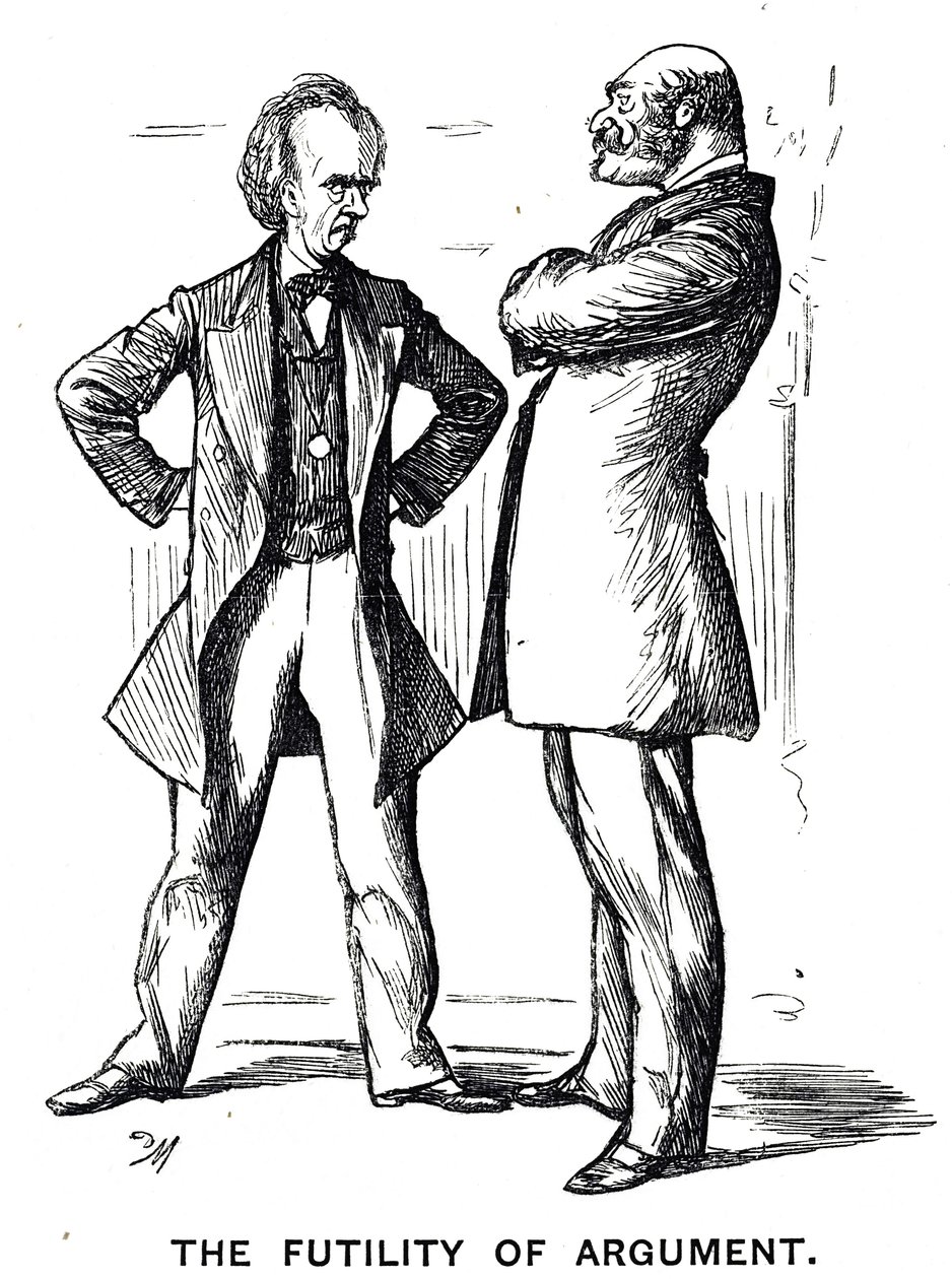 Desenho animado intitulado "O Argumento da Frenologia - Novamente" com a legenda "A Futilidade da Argumentação". de George du Maurier