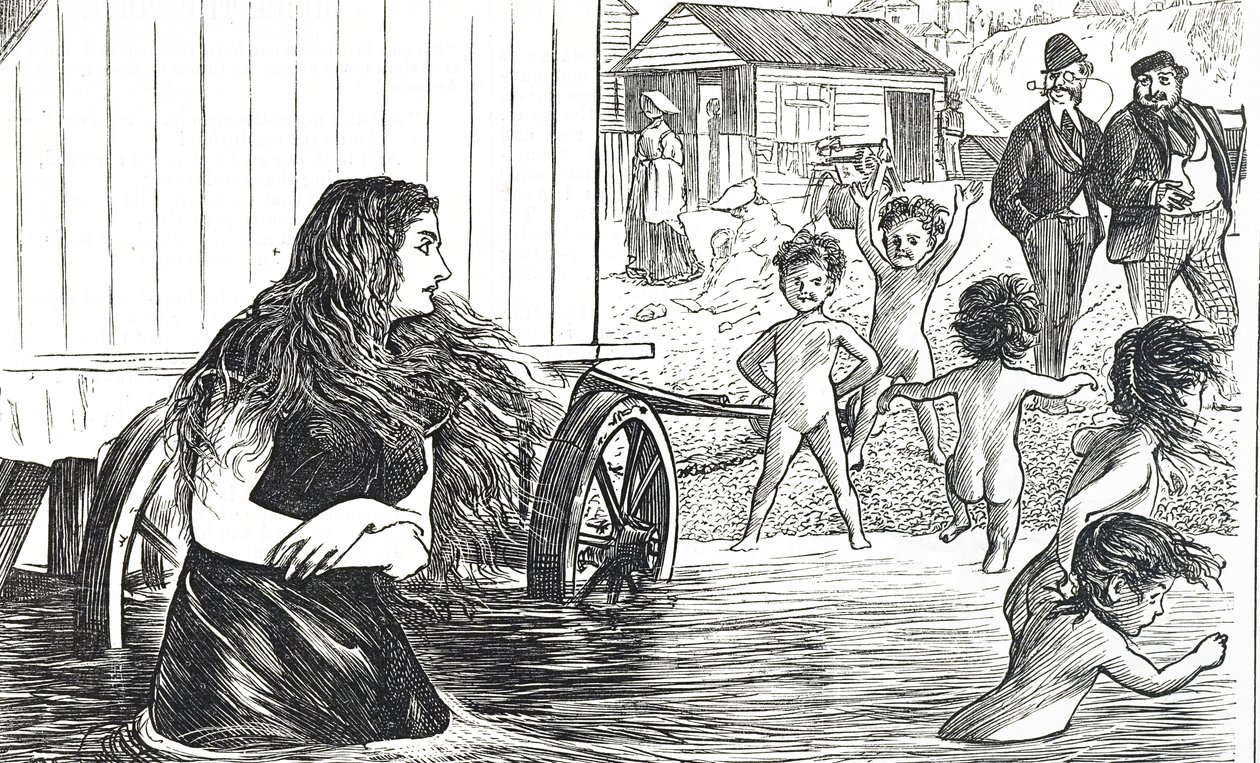 Desenho animado intitulado "modéstia e dever no conforto" que comenta os dois estilos diferentes de banhistas de George du Maurier