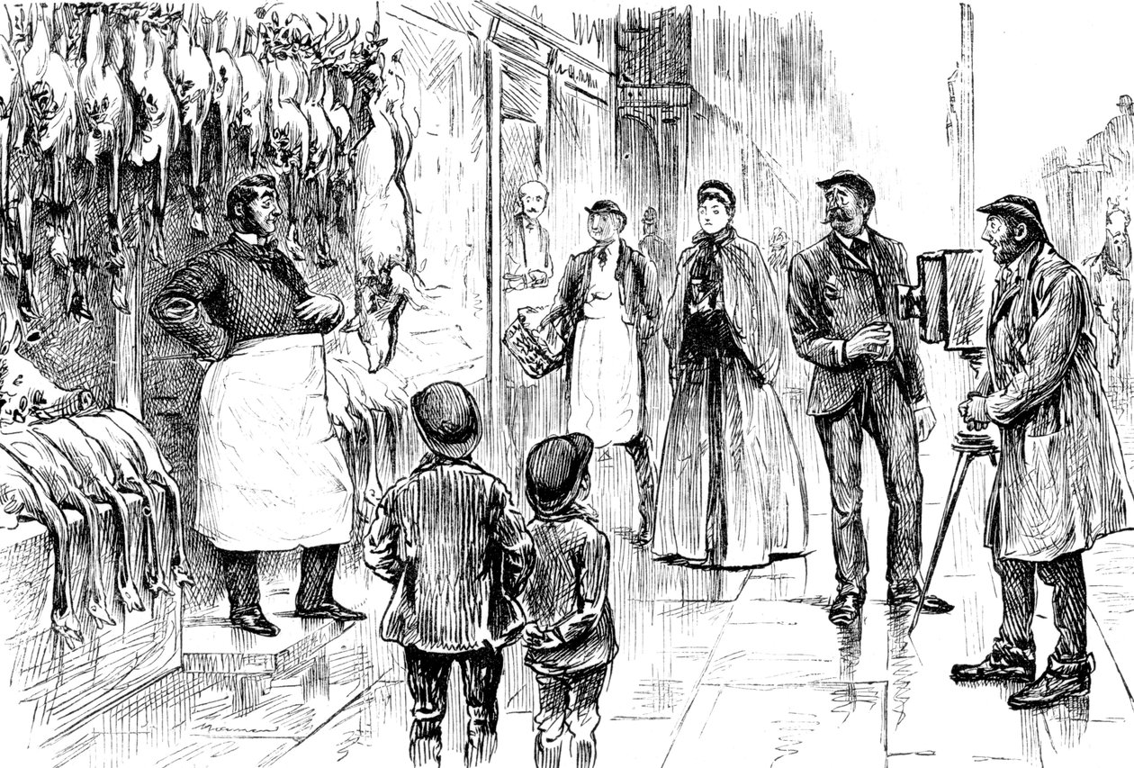Gravura retratando um açougueiro e um poulter sendo fotografado em frente à sua exposição de Natal por George du Maurier. George du Maurier (1834-1896), caricaturista e autor franco-britânico. Datado do século XIX ©UIG/Leemage de George du Maurier