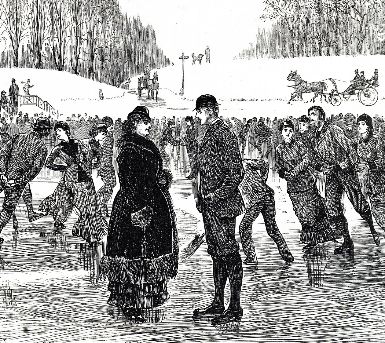 Gravura retratando um casal de meia-idade patinando no gelo de George du Maurier