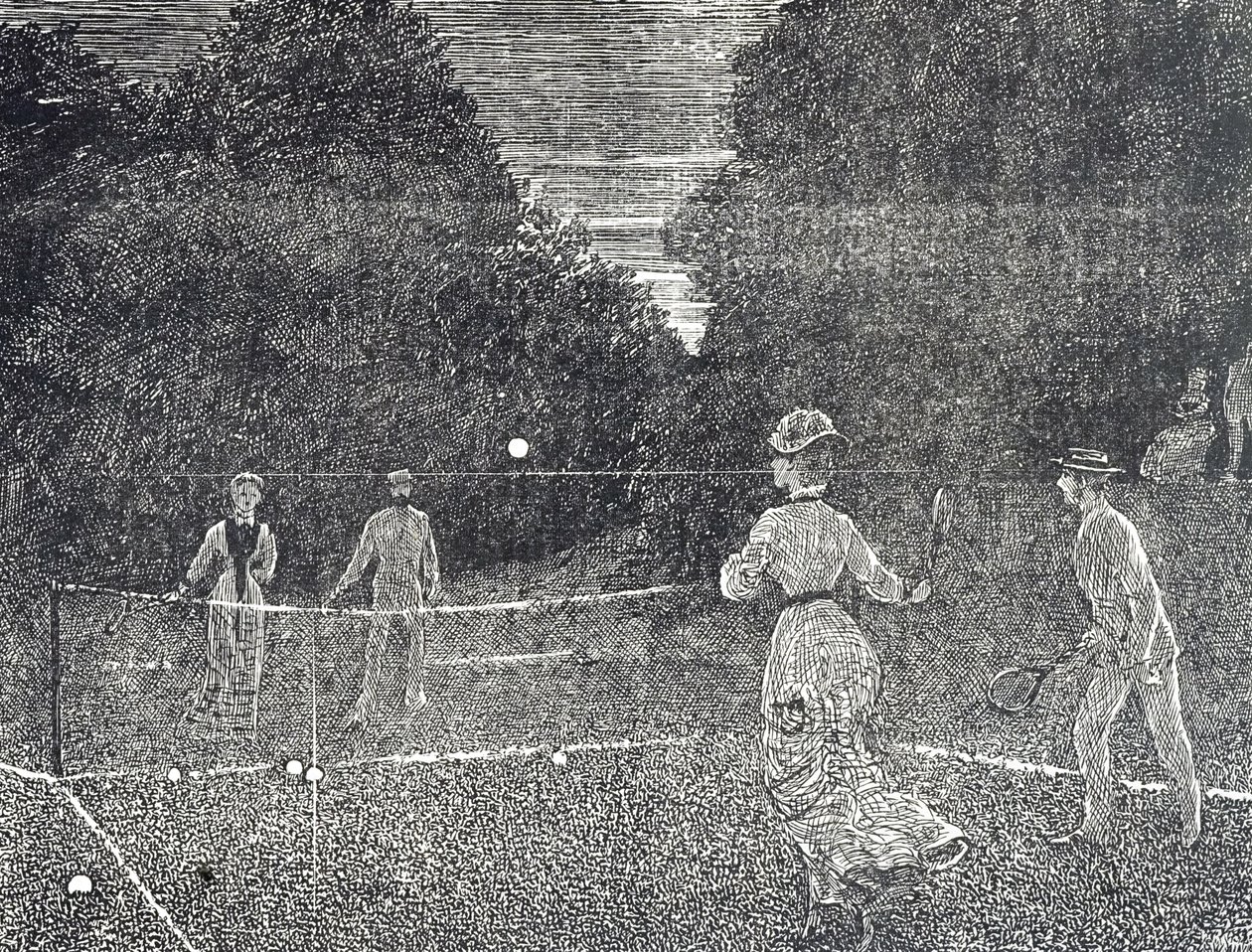 Gravura retratando o uso de tinta fosforosa branca recomendada aos tenistas de George du Maurier