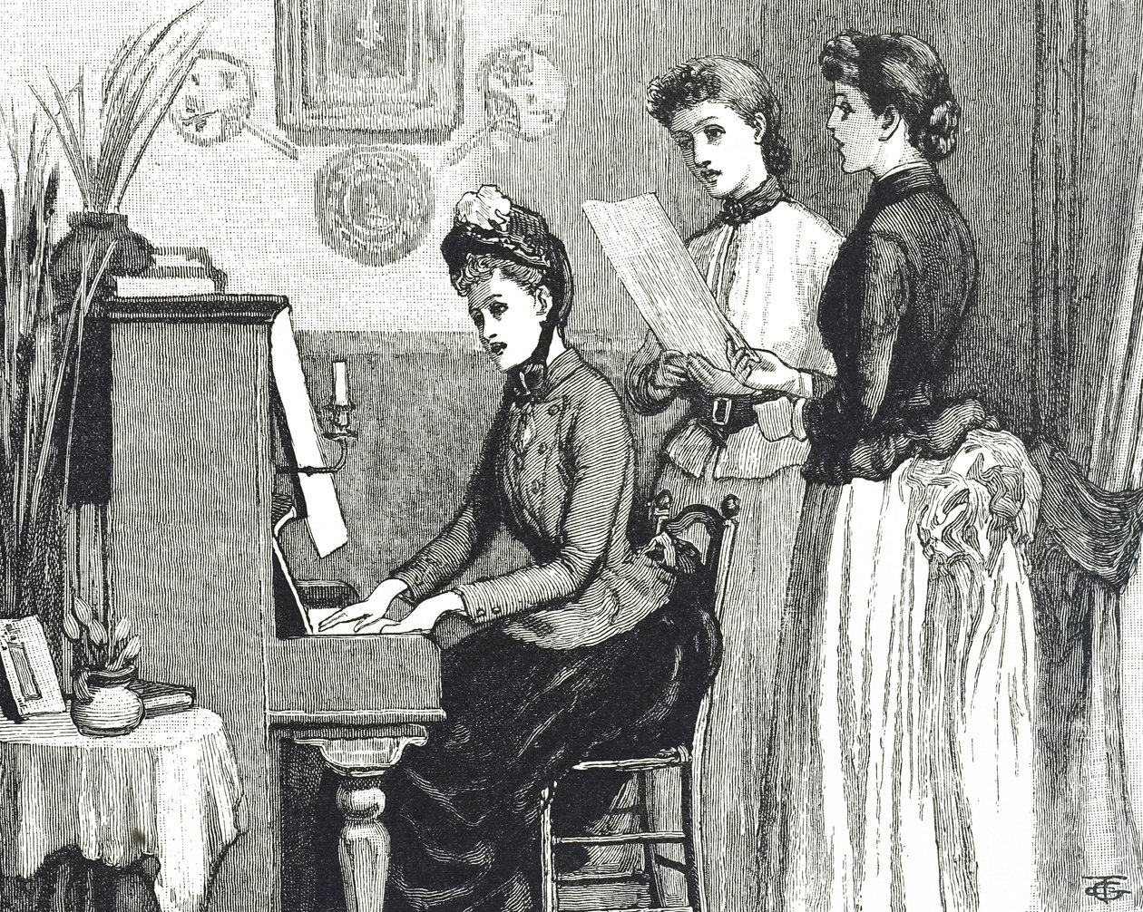 Gravura retratando jovens senhoras cantando na sala de estar de George du Maurier