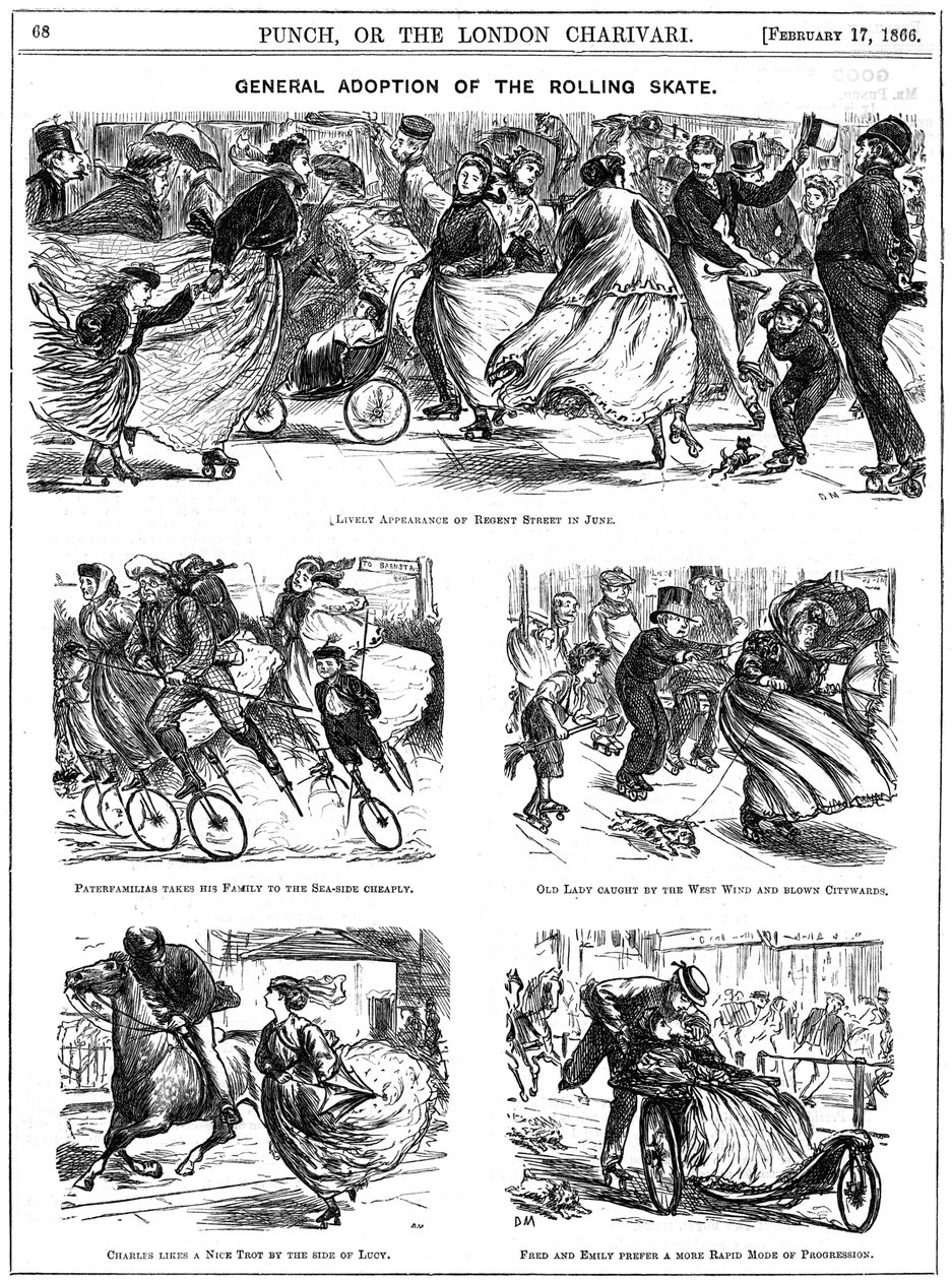 Adopção geral do Rolling Skate. Desenhos animados de George du Maurier de Punch de George du Maurier