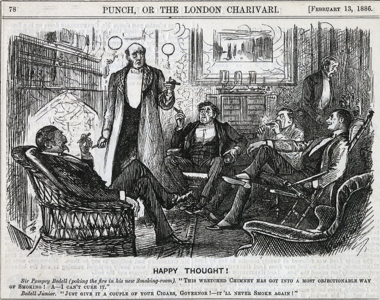Cavalheiros reunidos na sala de fumo a fumar os seus charutos depois do jantar. George du Maurier de "Punch", Londres 1886. de George du Maurier