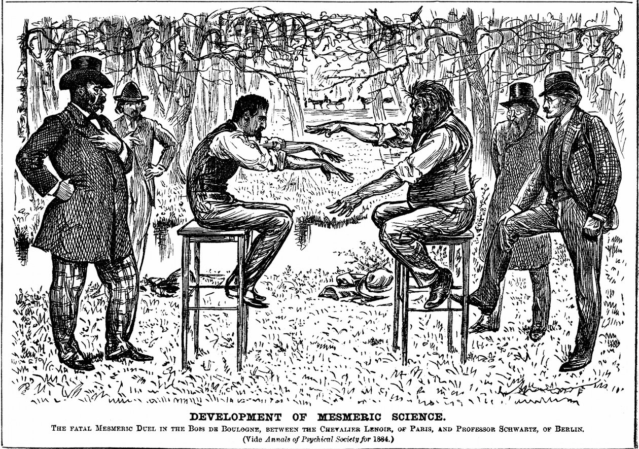 George du Maurier sobre o renascimento do Mesmerismo. De Punch, Londres, 4 de Dezembro de 1883. de George du Maurier